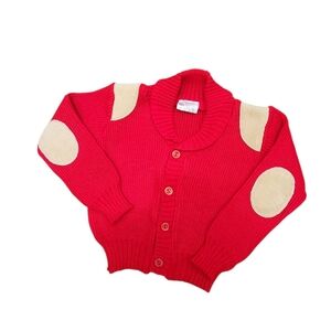 1960s Kmart Red Child's Cardigan with Corduroy Elbow & Shoulder Patches